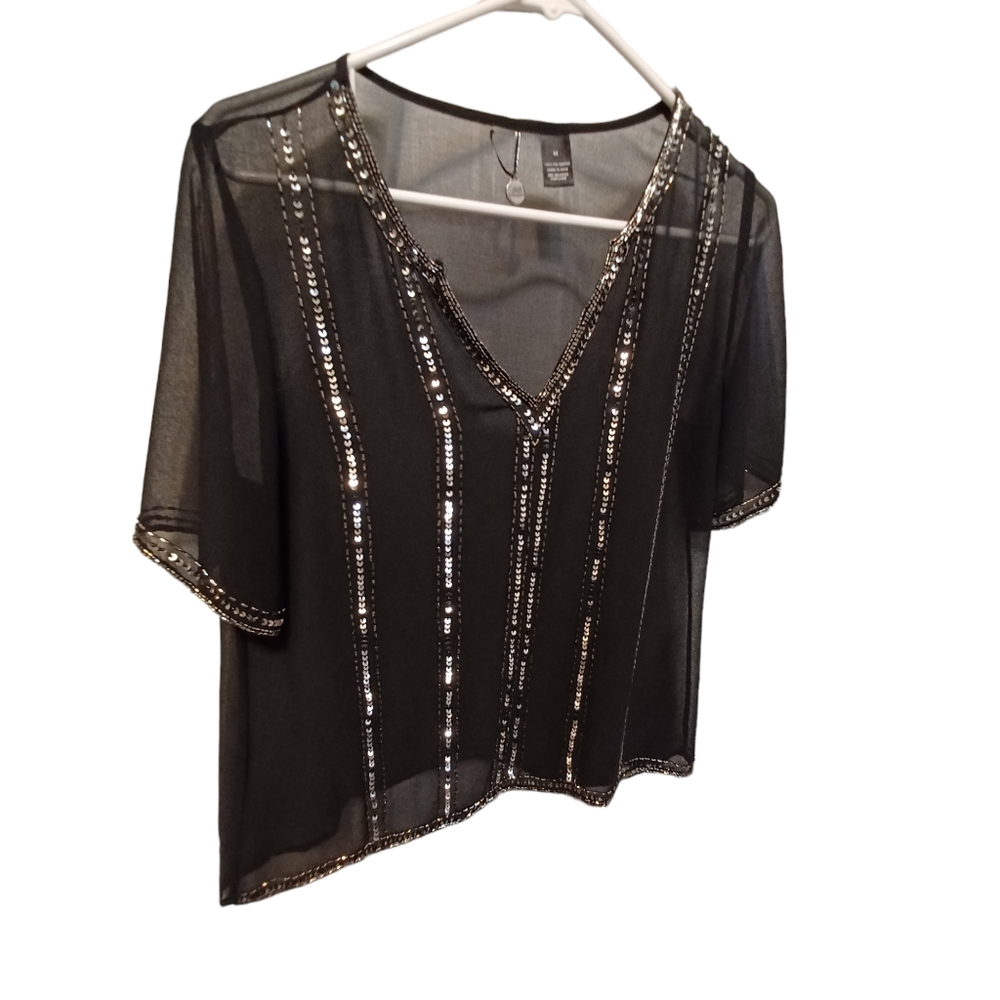 BKE black sheer vneck beaded and sequined blouse size medium